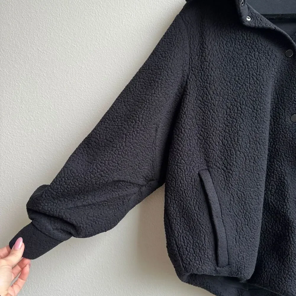 Alo Black Sherpa Snap Button Cozy Relaxed Oversized Teddy Coat Size Medium/Large